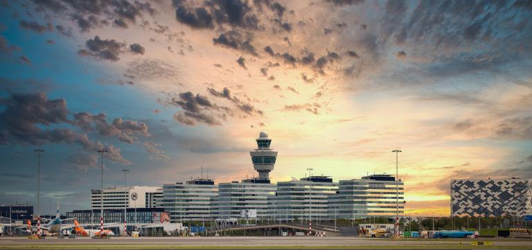 Schiphol Airport in the Netherlands during quiet times on a summer evening