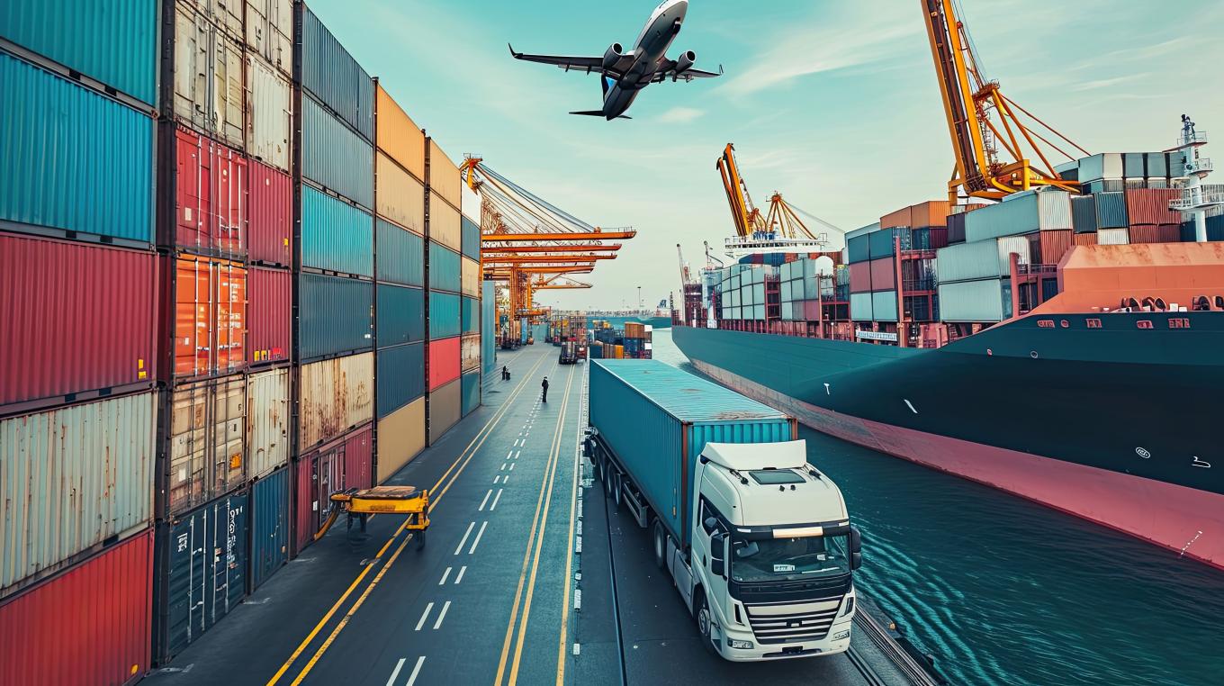 Global business logistic and transportation import export goods. Container cargo freight ship at international port. Cargo plane flying above truck shipping container.